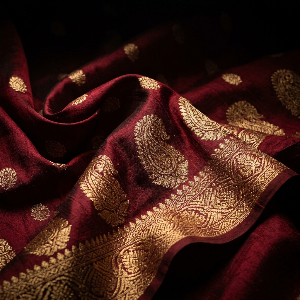 Luxurious maroon Banarasi silk fabric with intricate golden zari weaving